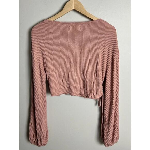 Urban Outfitters Pink Wrap Crop Top Long Sleeve Ribbed Knit Size Large Women’s - Picture 2 of 5